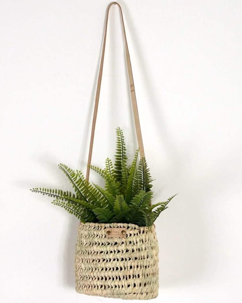 Hanging palm and leather planter