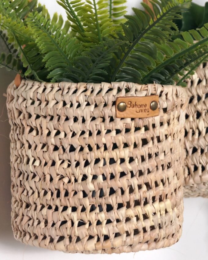 Hanging palm and leather planter