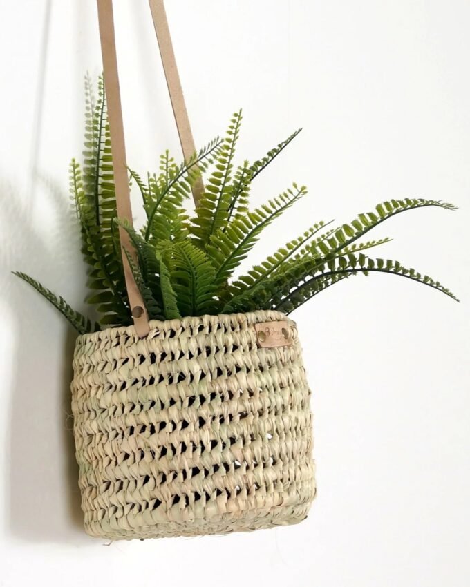 Hanging palm and leather planter